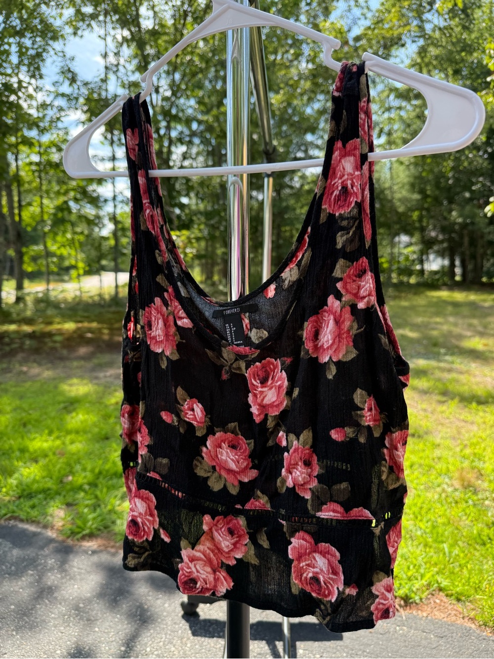Floral Tank Top - Black with Pink Rose Print